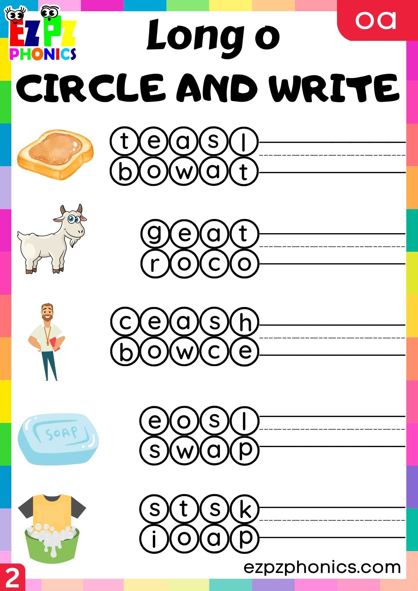 Group2 OA Words Circle And Write Long O Phonics Worksheet